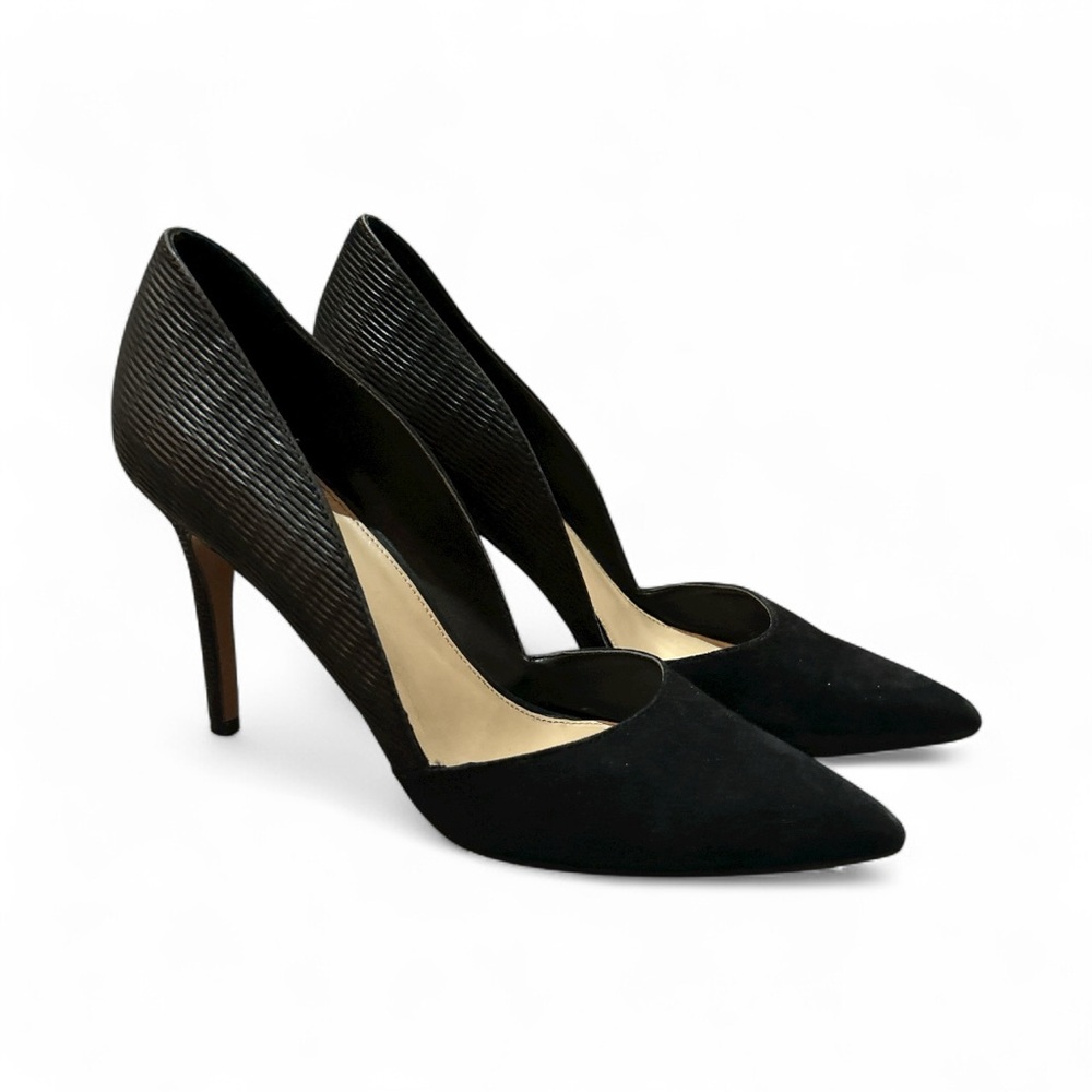Vince Camuto black suede and design leather heel